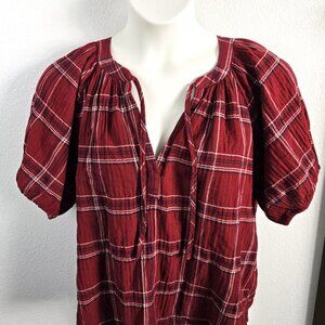 Loft Burgundy Plaid Tie Front Peasant Top - Size Large